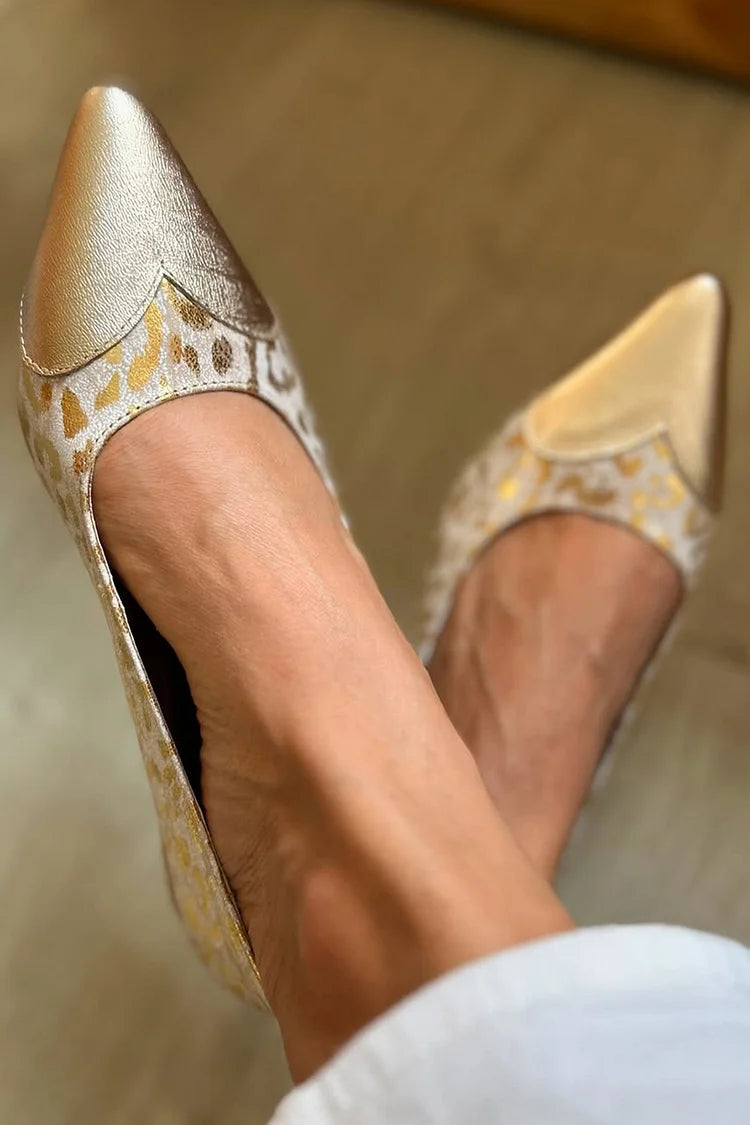 Sheen Metallic Leopard Print Patchwork Pointed Toe Gold Flats