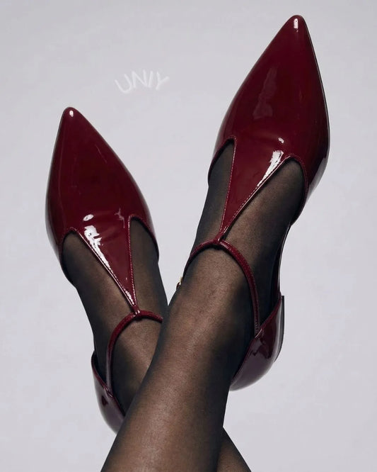 Burgundy Patent PU Leather Pointed Toe T-Strap Flats