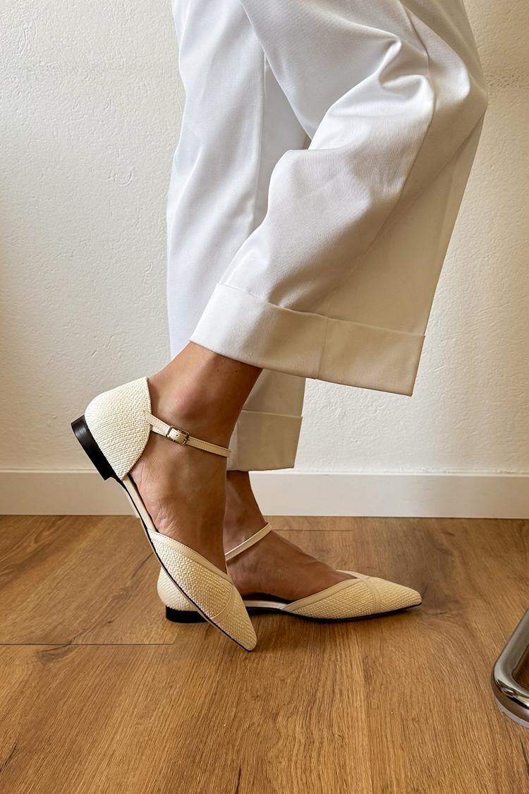 Ankle Strap Buckle Solid Color Pointed Toe Ivory Flats