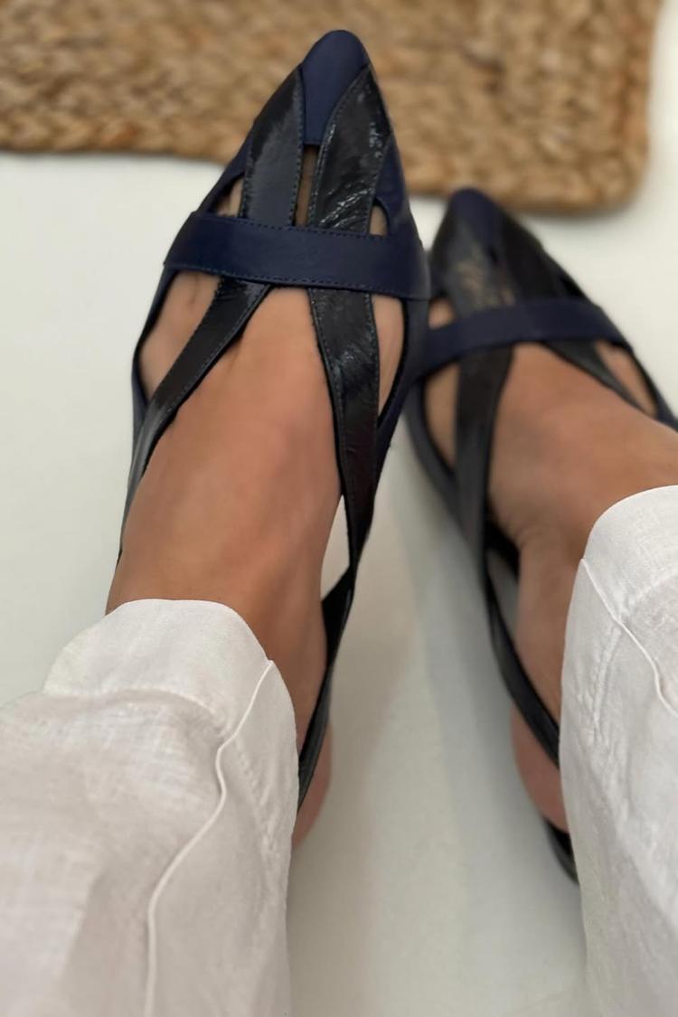 Patchwork Hollow Out Pointed Toe Slingback Navy Flats