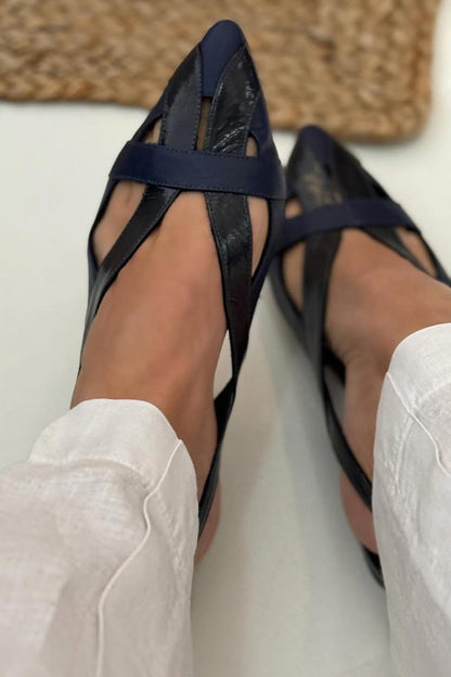 Patchwork Hollow Out Pointed Toe Slingback Navy Flats