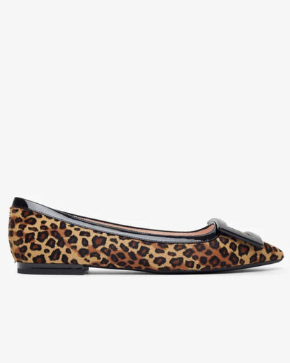 Leopard Print Pointed Toe Faux Suede Black Square Buckle Flats