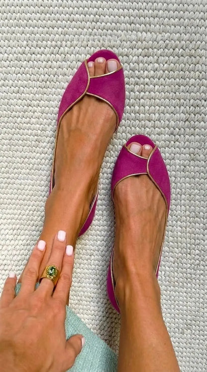 Suede Gold Trim Peep Toe D'Orsay Beige Flats
