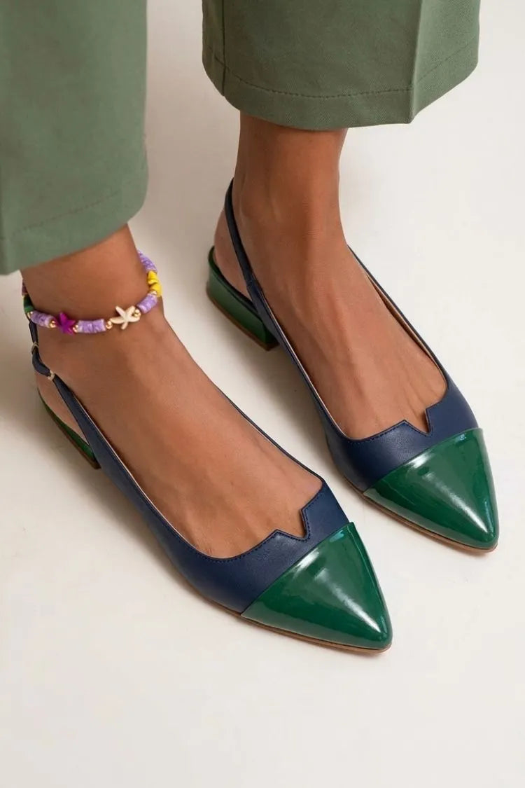 Colorblock Cut Out Buckle Slingback Strap Pointy Toe Flats