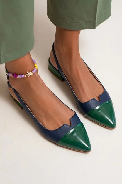 Colorblock Cut Out Buckle Slingback Strap Pointy Toe Flats