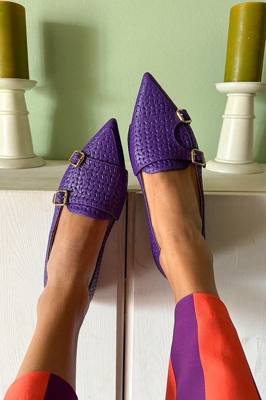 Textured Patchwork Buckles Pointed Toe Purple Flats