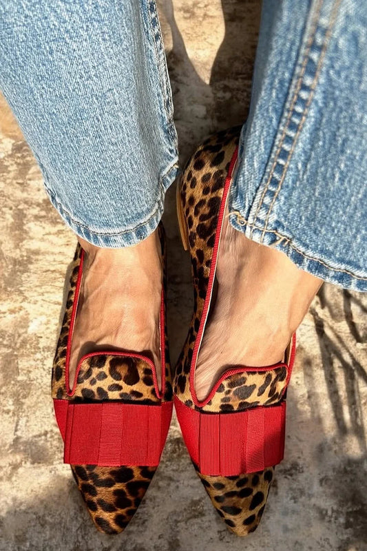 Leopard Print Pointed Toe Contrast Binding Brown Flats