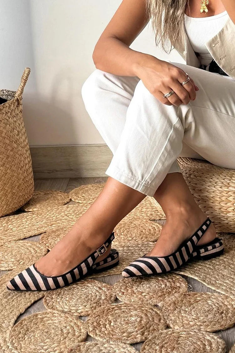 Gorgeous Black Striped Toe Pointed Slingback Colorblock Flats