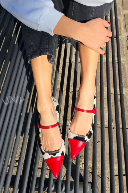 Red Color Block Pointed Toe Mary Jane Flats
