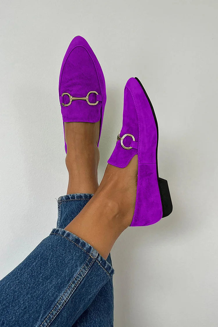 Luxury Metallic Buckle Pointy Toe Faux Suede Slip-on Flats