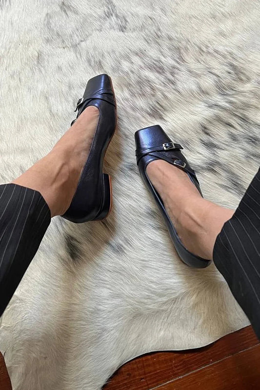Premium Square Toe Solid Color Cross Straps Buckles Navy Flats