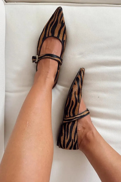 Zebra Print Instep Strap Buckle Pointed Toe Brown Flats