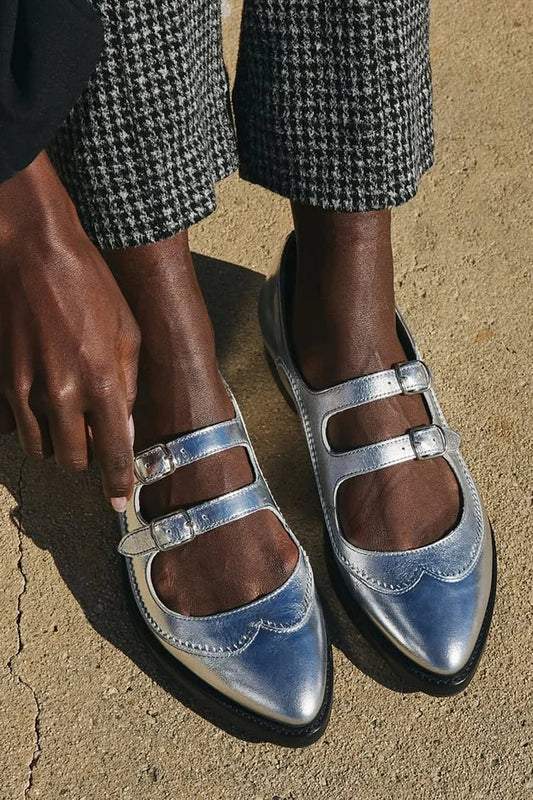 Two Straps Buckles Metallic Sheen Pointed Toe Silver Flats