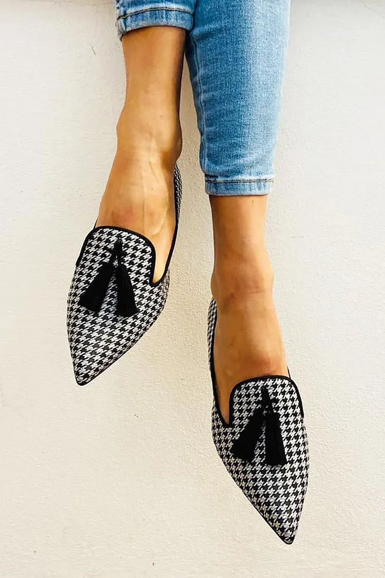 Faux Leather Tassels Print Toe Pointy Pattern Flats