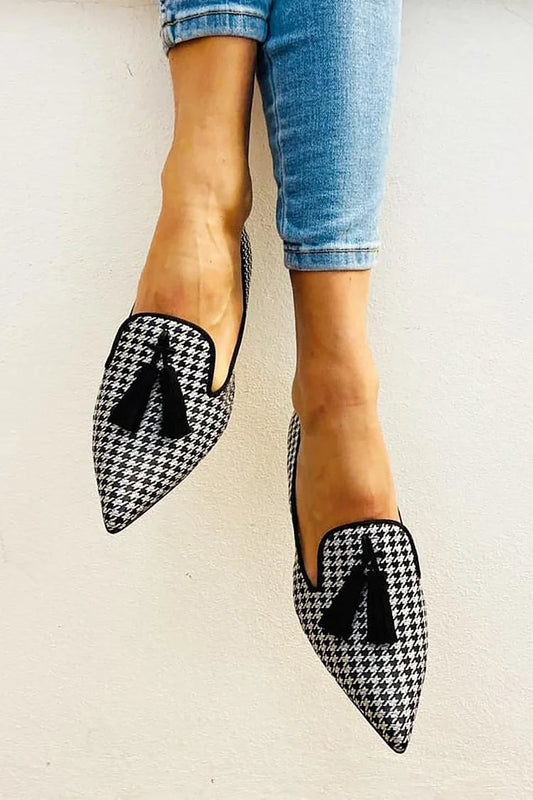 Faux Leather Tassels Print Toe Pointy Pattern Flats