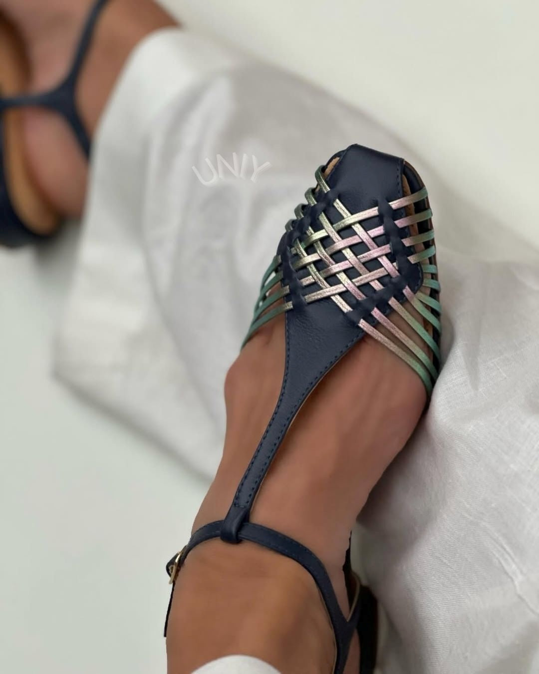 Blue Colorblock Woven Strap Square Toe Casual Flats