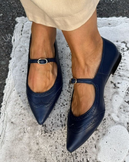 Vintage Pointed Toe Brogue Mary Jane Strap Versatile Flats