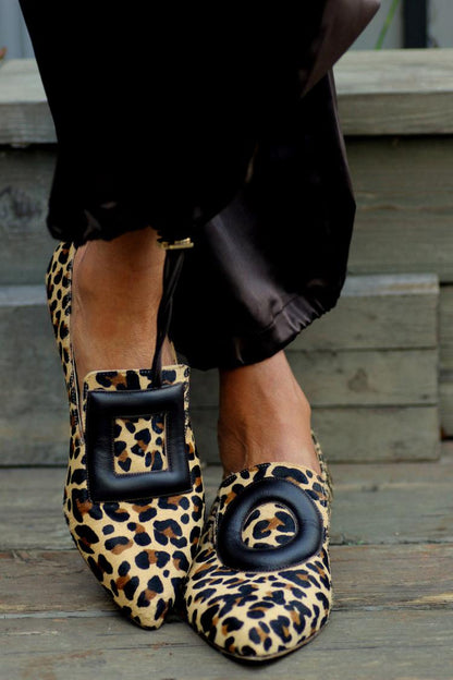 Leopard Print Square Circle Embellishment Pointy Toe Brown Flats