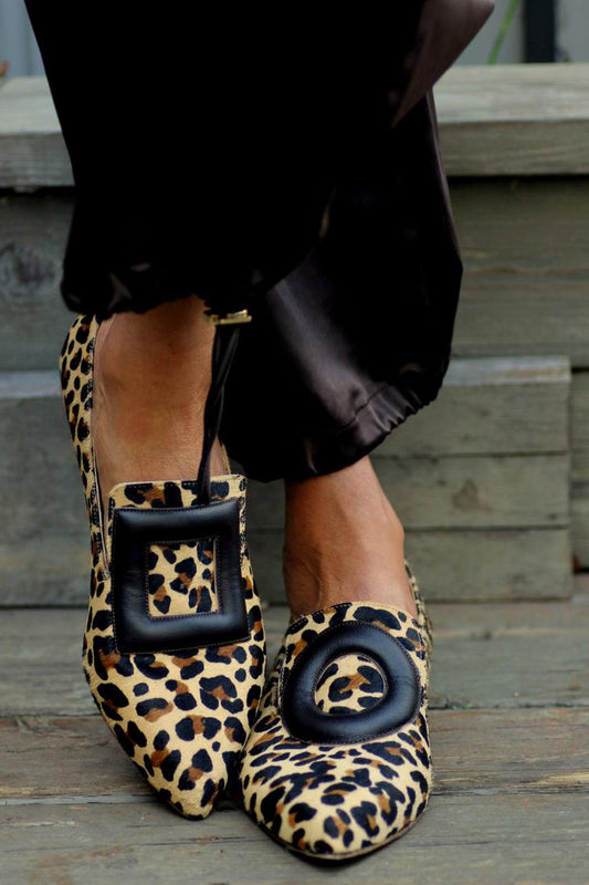 Leopard Print Square Circle Embellishment Pointy Toe Brown Flats
