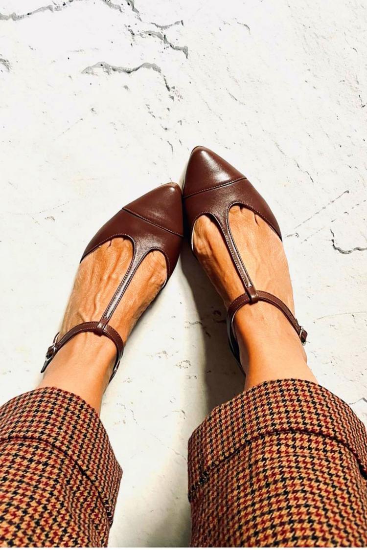 Patchwork T-Strap Buckle Pointed Toe Brown Flats