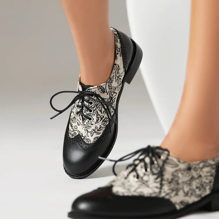 Floral Pattern Canvas Patchwork Lace Up Round Toe Casual Oxfords