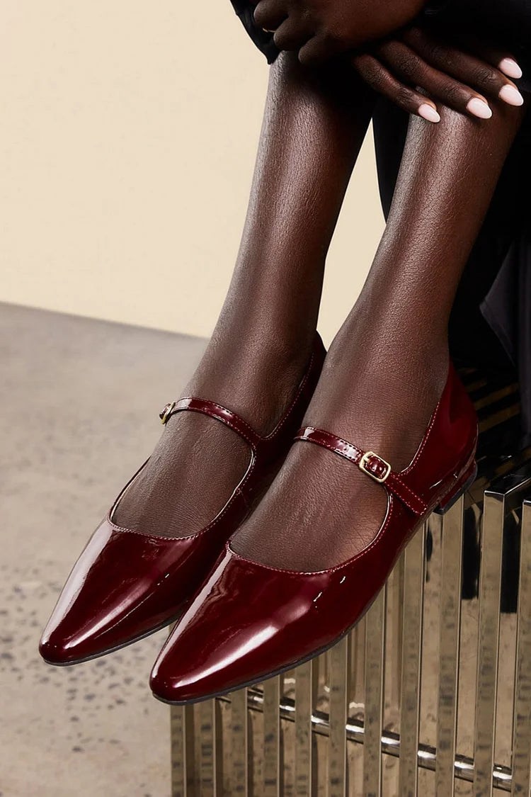 Instep Strap Buckle Pointed Toe Burgundy Flats