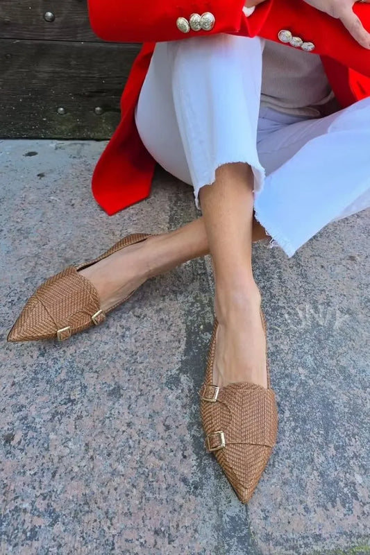 Brown Woven Pointed Toe Double Buckle Strap Flats