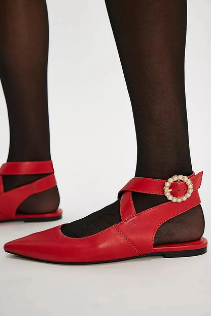 Crossover Strap Buckle Pointed Toe Slingback Red Flats