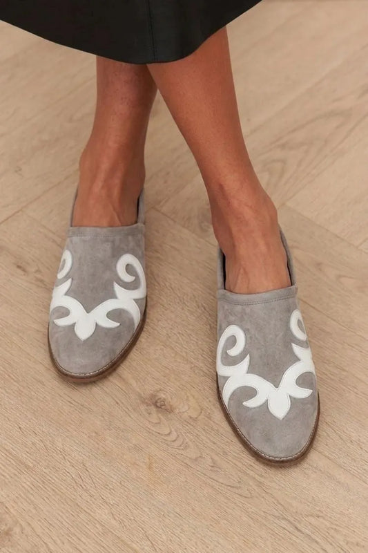 Vintage Grey Faux Suede White Appliqué Flats