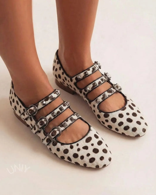 Spotted Print Triple Buckle Strap Mary Jane Flats