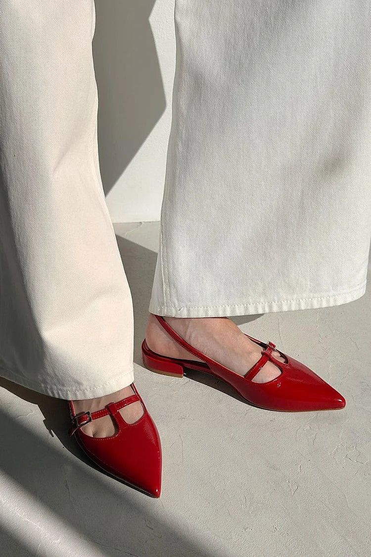 Solid Color T-Strap Buckle Pointed Toe Slingback Red Flats