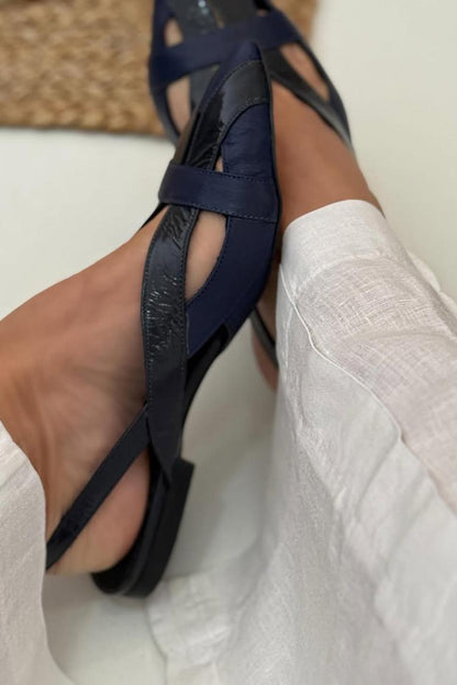 Patchwork Hollow Out Pointed Toe Slingback Navy Flats