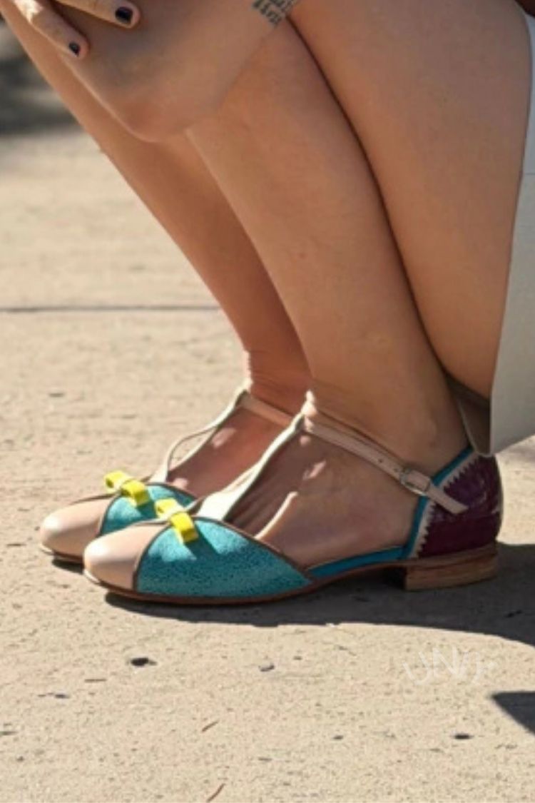 Retro Color Block Round Toe T-Strap Flats