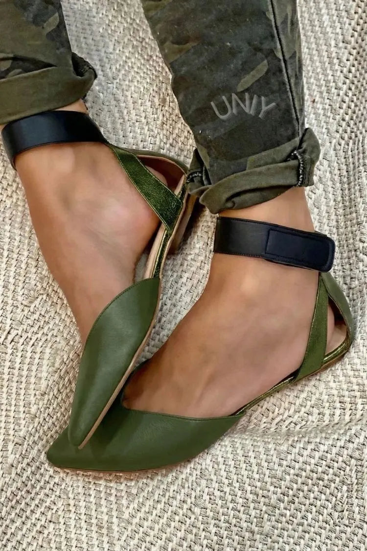 Elegant Dark Green Pointed Toe Cutout Ankle Strap Flats