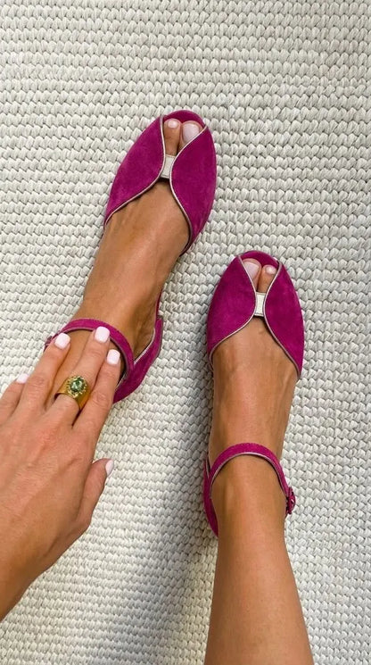 Chic Blue Faux Suede Metallic Trim Peep Toe Flats
