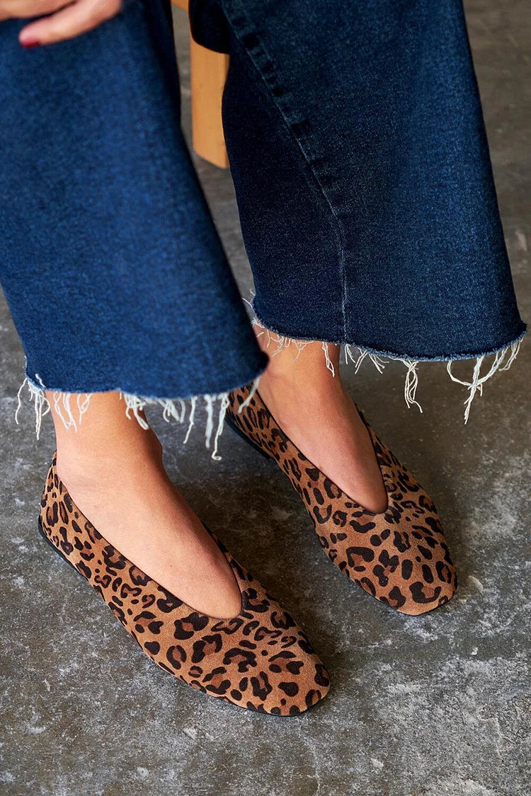 Square Toe Leopard Print Casual Brown Flats