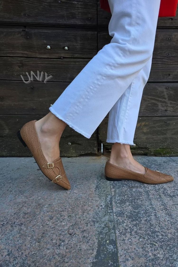 Brown Woven Pointed Toe Double Buckle Strap Flats