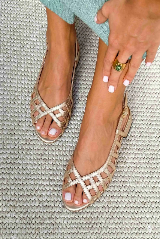 Rose Gold Open Toe Slingback Metallic Lattice Flats