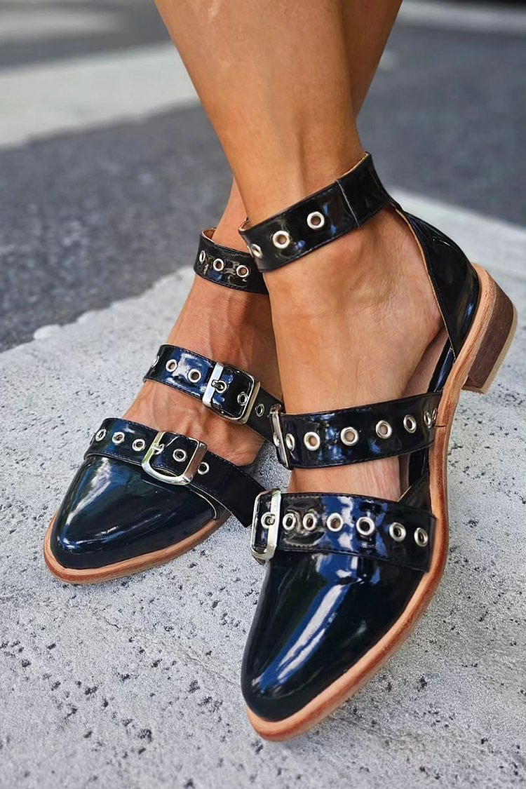 Metallic Eyelets Pointed Toe Ankle Strap Buckle Black Flats