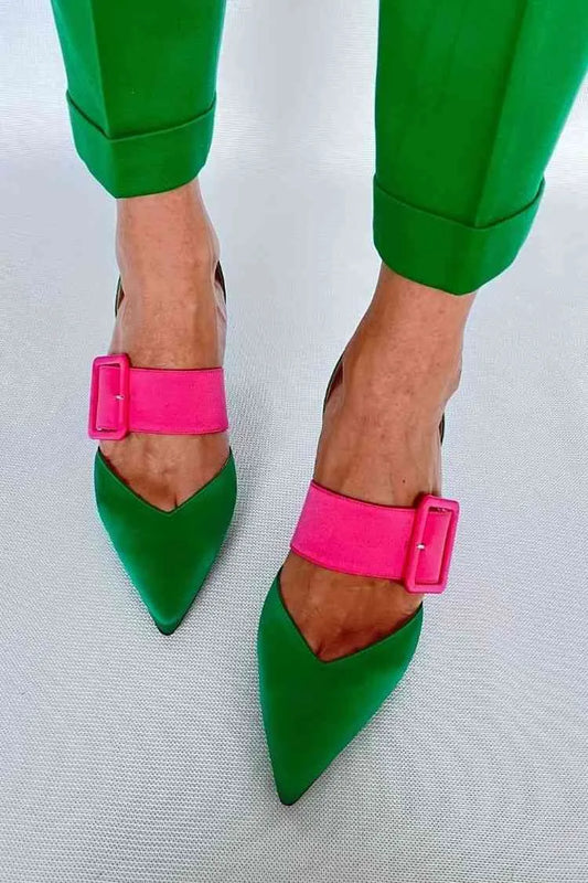 Satin Contrast Buckle Strap Pointy Ballet Flats