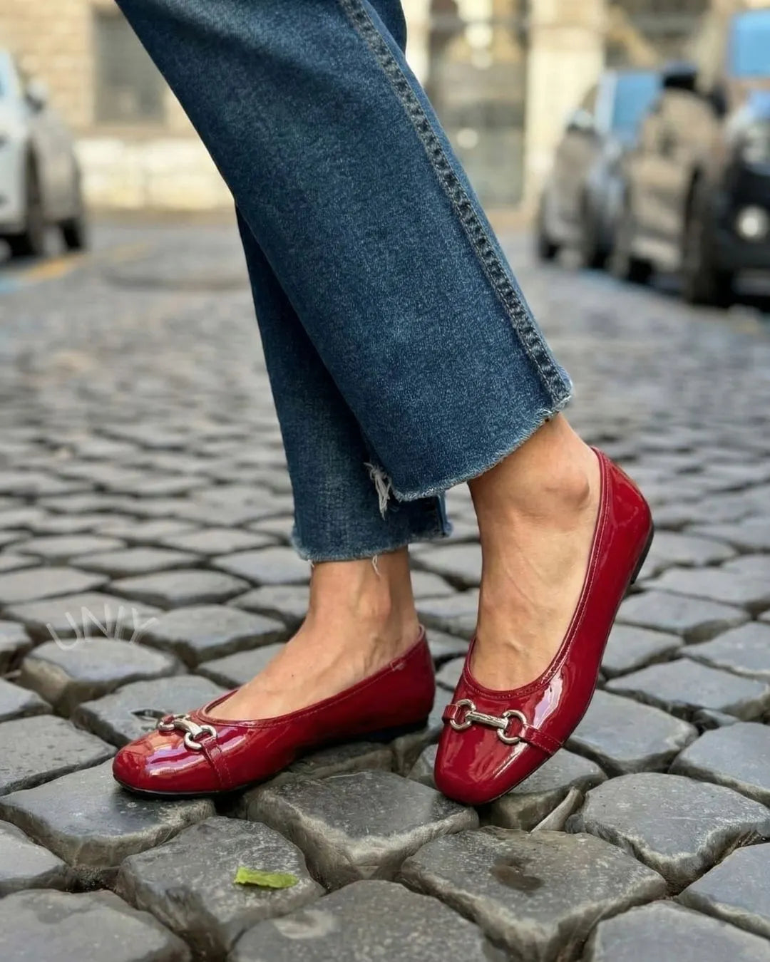 Burgundy Patent Leather Horsebit Buckle Square Toe Flats