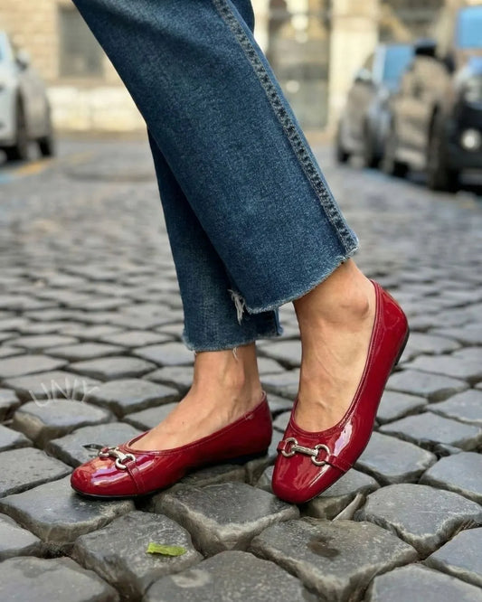 Burgundy Patent Leather Horsebit Buckle Square Toe Flats