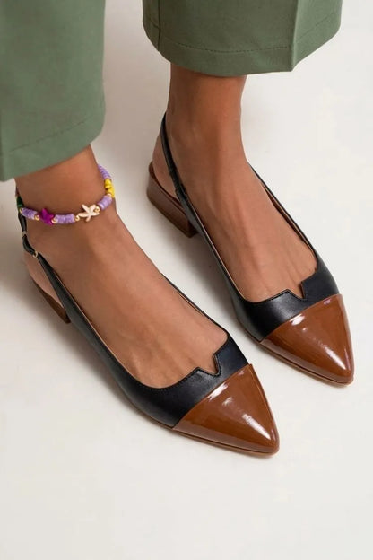 Colorblock Cut Out Buckle Slingback Strap Pointy Toe Flats