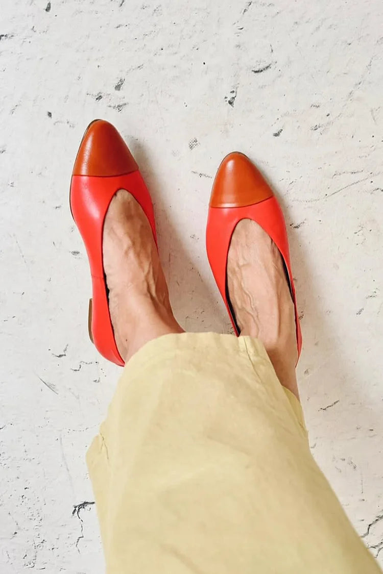 Patchwork Pointed Toe Casual Orange Red Flats