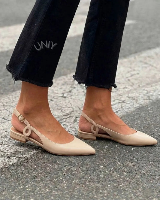 Elegant Beige Leather Pointed Toe Circular Cutout Slingback Flats
