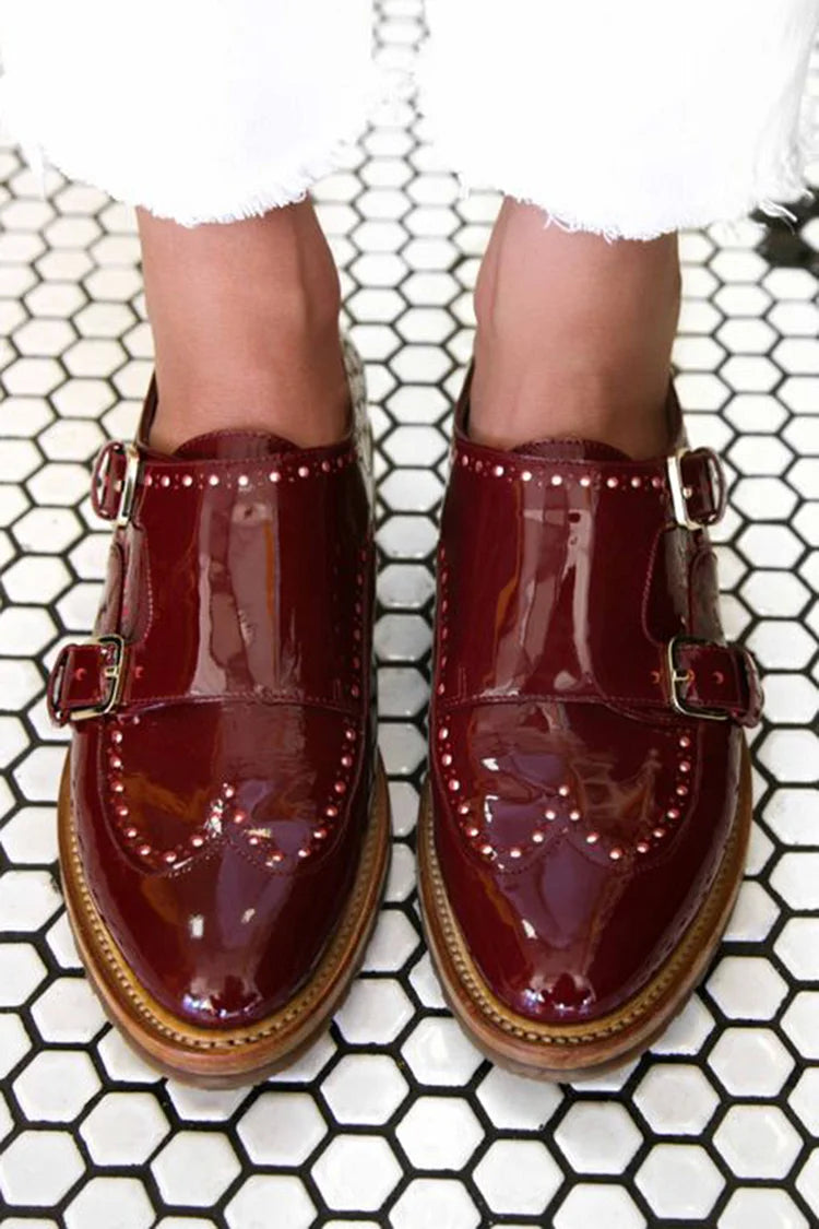 Patchwork Buckles Round Toe Burgundy Oxfords