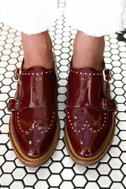 Patchwork Buckles Round Toe Burgundy Oxfords