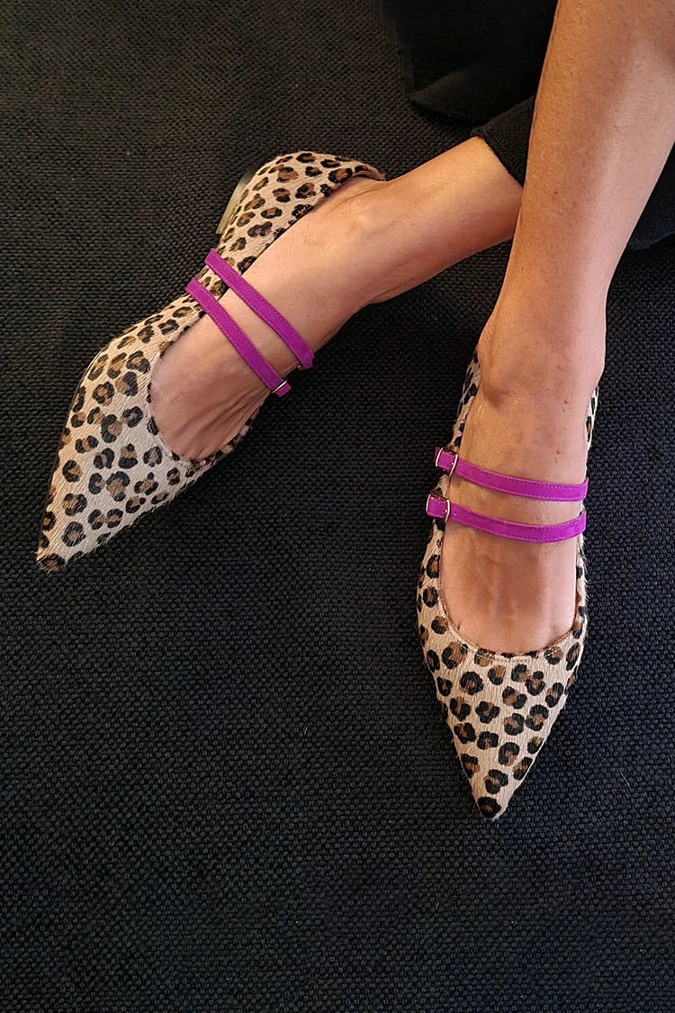 Two Strap Buckle Pointed Toe Leopard Print Flats
