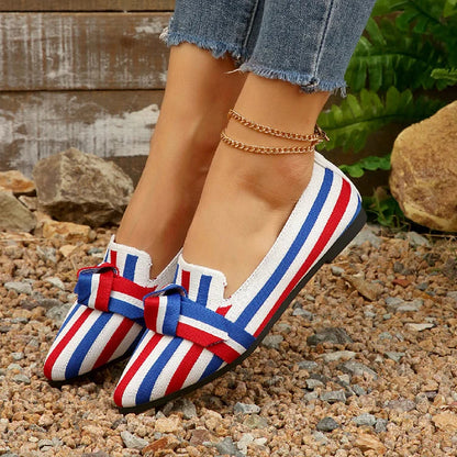 Knotted Colorblock Striped Pointed Toe Slip On Flats