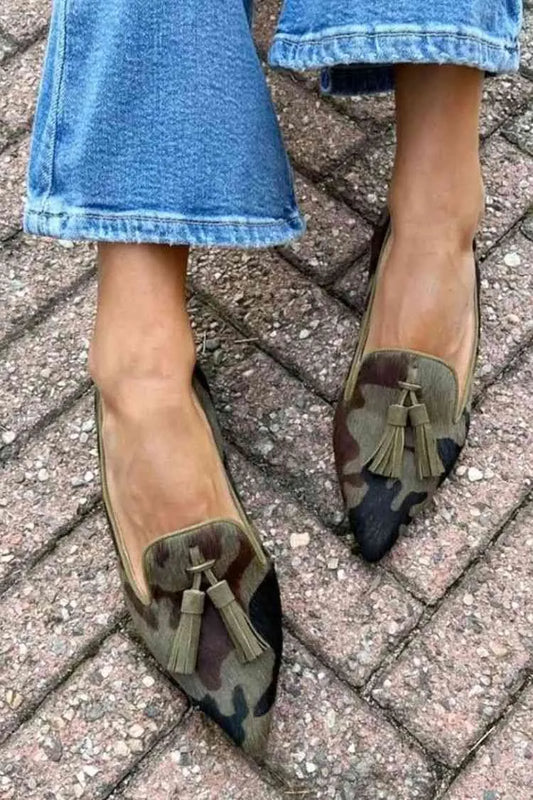 Colorblock Camo Print Tassels Pointy Flats